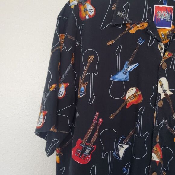 Vintage Dem Crazy Shirt Mens L Guitar All Over Print Button Up Short Sleeve Blk - Picture 4 of 16